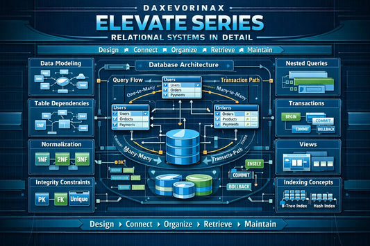 A digital infographic poster titled 'DAXEVORINAX ELEVATE SERIES' detailing relational database concepts like data modeling, normalization, and query flow in a dark blue and teal technical diagram layout.