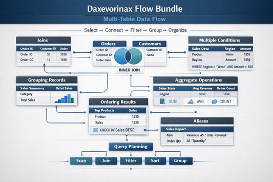 A digital flowchart titled 'Daxvorinax Flow Bundle' showing multi-table data flow diagrams with boxes, arrows, and icons on a dark blue background.