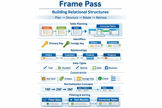 An educational infographic titled 'Frame Pass' explaining how to build relational structures like plan, structure, relate, and retrieve. It features a step-by-step process with tables, icons, and diagrams on a light blue background.
