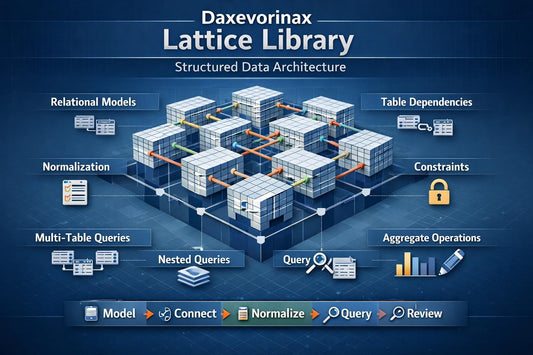 An infographic titled 'Daxvorinax Lattice Library' showing a 3D isometric model of interconnected database nodes with labeled concepts such as relational models, normalization, constraints, multi-table queries, nested queries, aggregate operations, and table dependencies on a dark blue background.