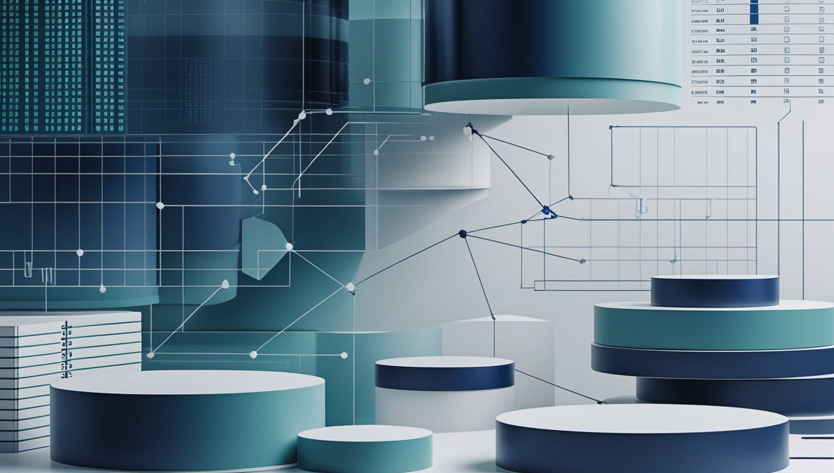 Abstract 3D render of layered cylindrical pedestals and geometric structures in shades of blue, teal, white, and gray, overlaid with faint data charts, grids, and network lines.