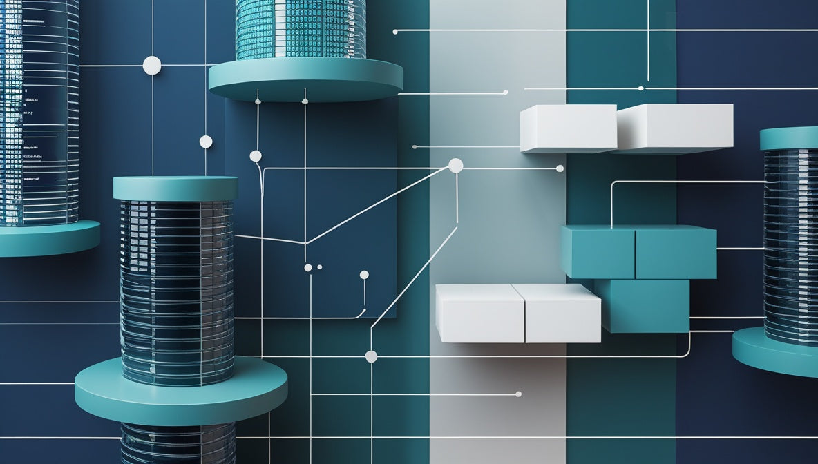 Abstract 3D digital illustration featuring teal and white geometric blocks, cylindrical spool-like forms, and thin white lines on a blue and gray background.
