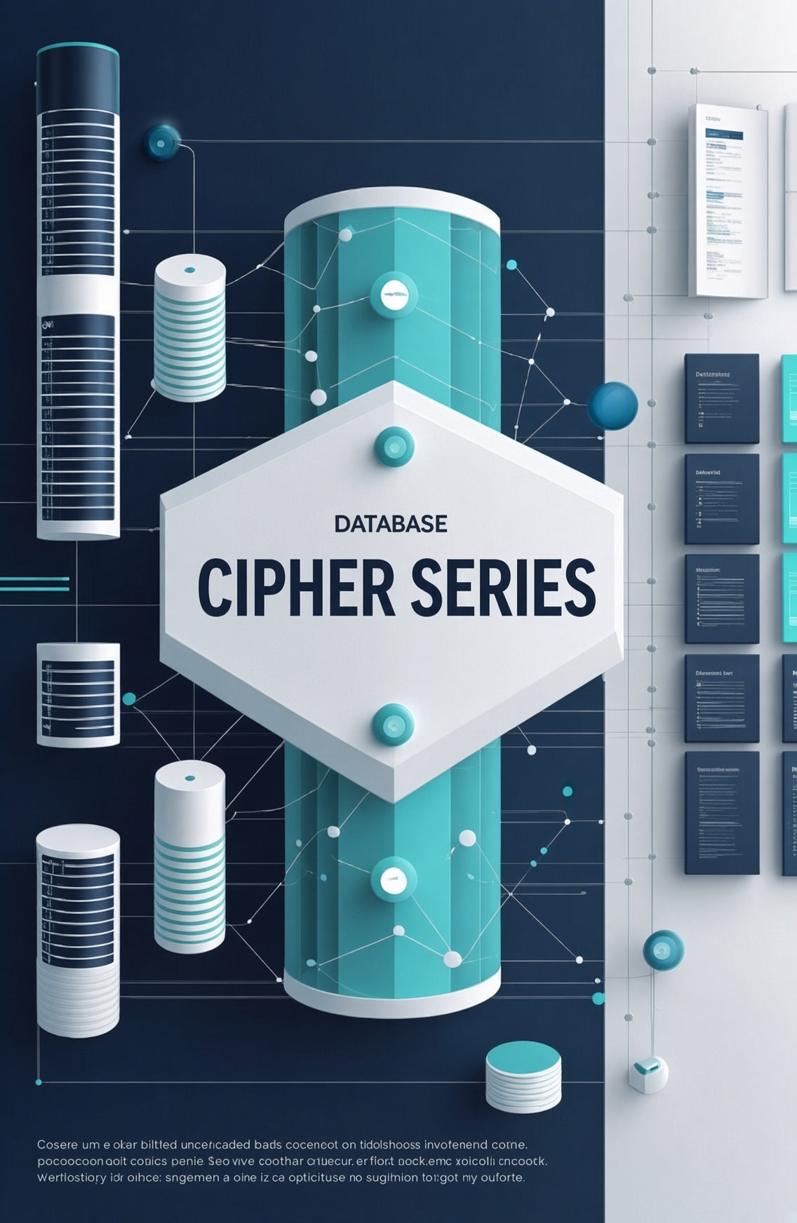 A digital infographic or poster design featuring a central white hexagon labeled 'DATABASE ELEVATE SERIES' with teal and white cylindrical database icons, connected by thin network lines on a dark blue and light gray background.