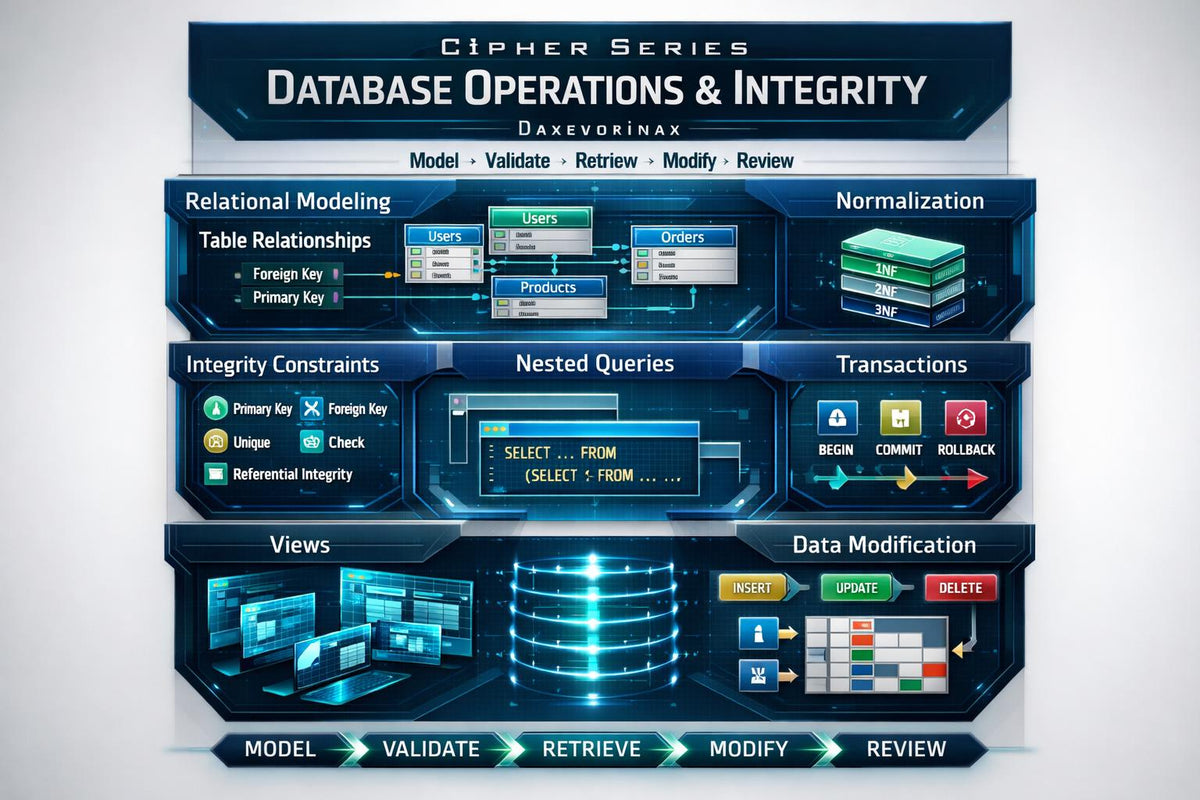An infographic titled 'Daxvorinax Lattice Library' showing a 3D isometric model of interconnected database nodes with labeled concepts such as relational models, normalization, constraints, multi-table queries, nested queries, aggregate operations, and table dependencies on a dark blue background.