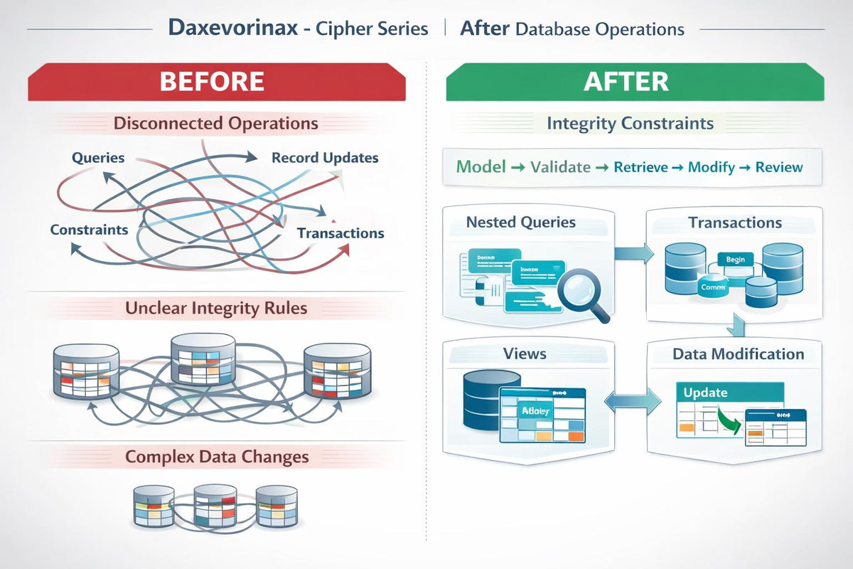A comparison infographic titled 'Daxevorinax - Cipher Series | After Database Operations' showing a 'Before' section with tangled database query and constraint diagrams, and an 'After' section with clean workflow diagrams for nested queries, transactions, views, and data modification.
