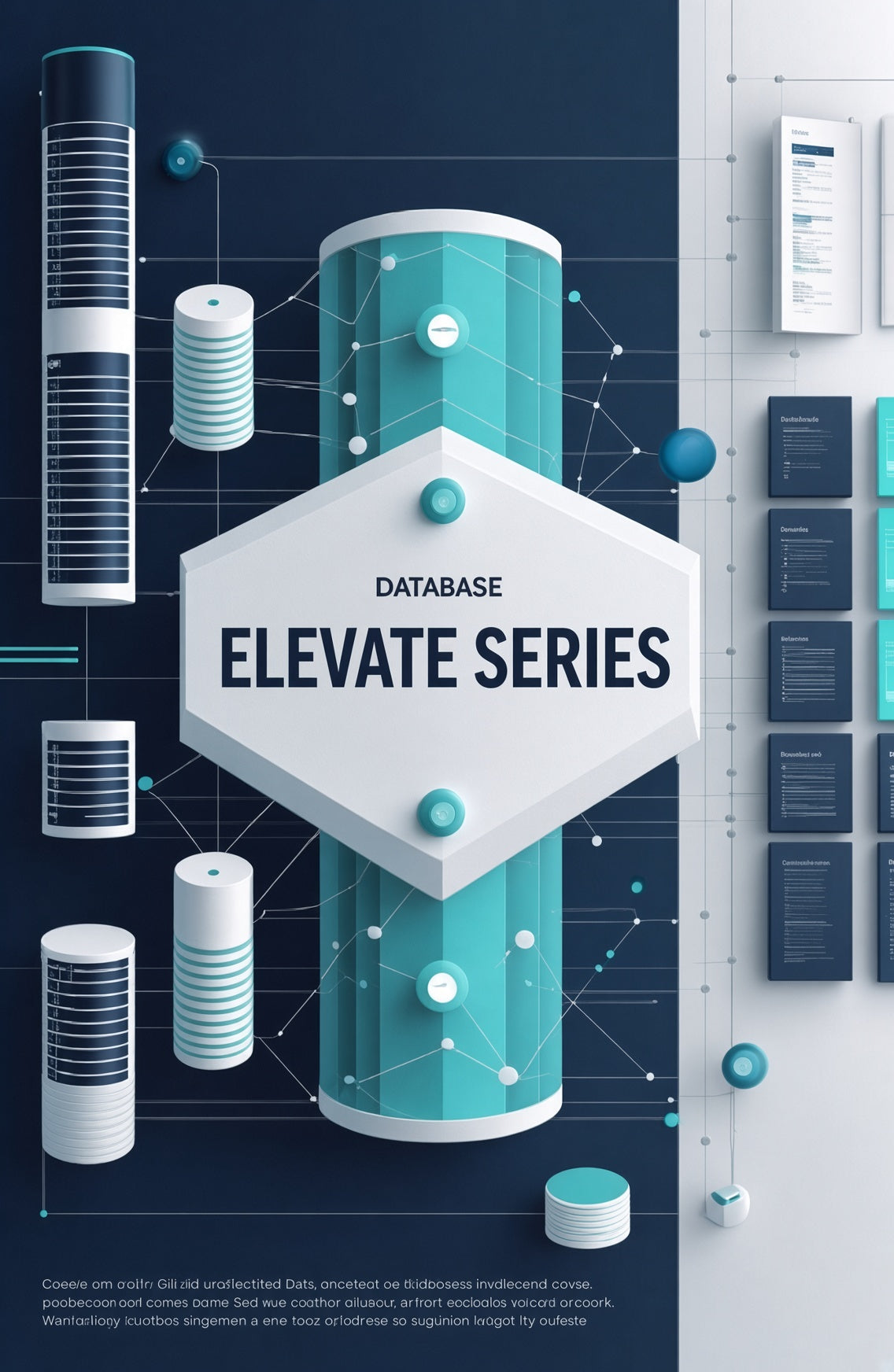 A digital infographic or poster design featuring a central white hexagon labeled 'DATABASE ELEVATE SERIES' with teal and white cylindrical database icons, connected by thin network lines on a dark blue and light gray background.