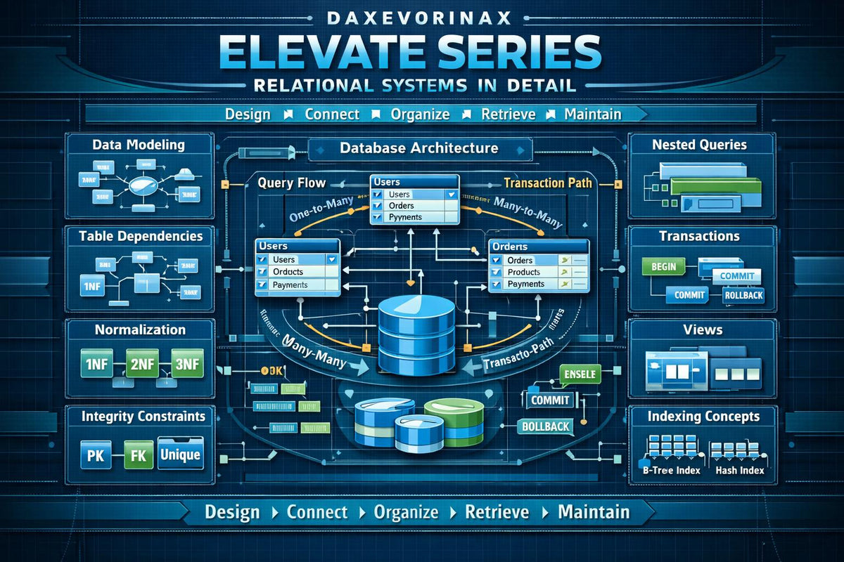 A digital infographic poster titled 'DAXEVORINAX ELEVATE SERIES' detailing relational database concepts like data modeling, normalization, and query flow in a dark blue and teal technical diagram layout.