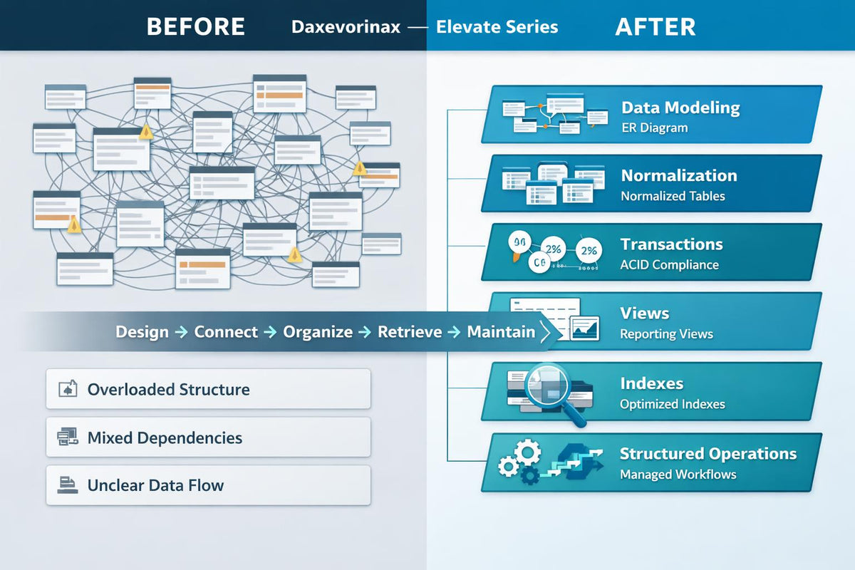 An infographic comparison graphic titled 'BEFORE' and 'AFTER' showing the benefits of Daxvorinax and the Elevate Series. The left side, labeled 'BEFORE', features a tangled web diagram representing messy data, with text listing issues like 'Overloaded Structure', 'Mixed Dependencies', and 'Unclear Data Flow'.