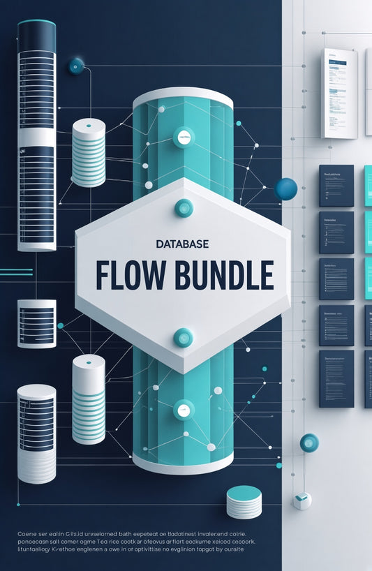 A digital promotional graphic for a 'DATABASE FLOW BUNDLE' featuring 3D isometric illustrations of teal and white database cylinders, connected by network lines on a dark navy and light gray background.