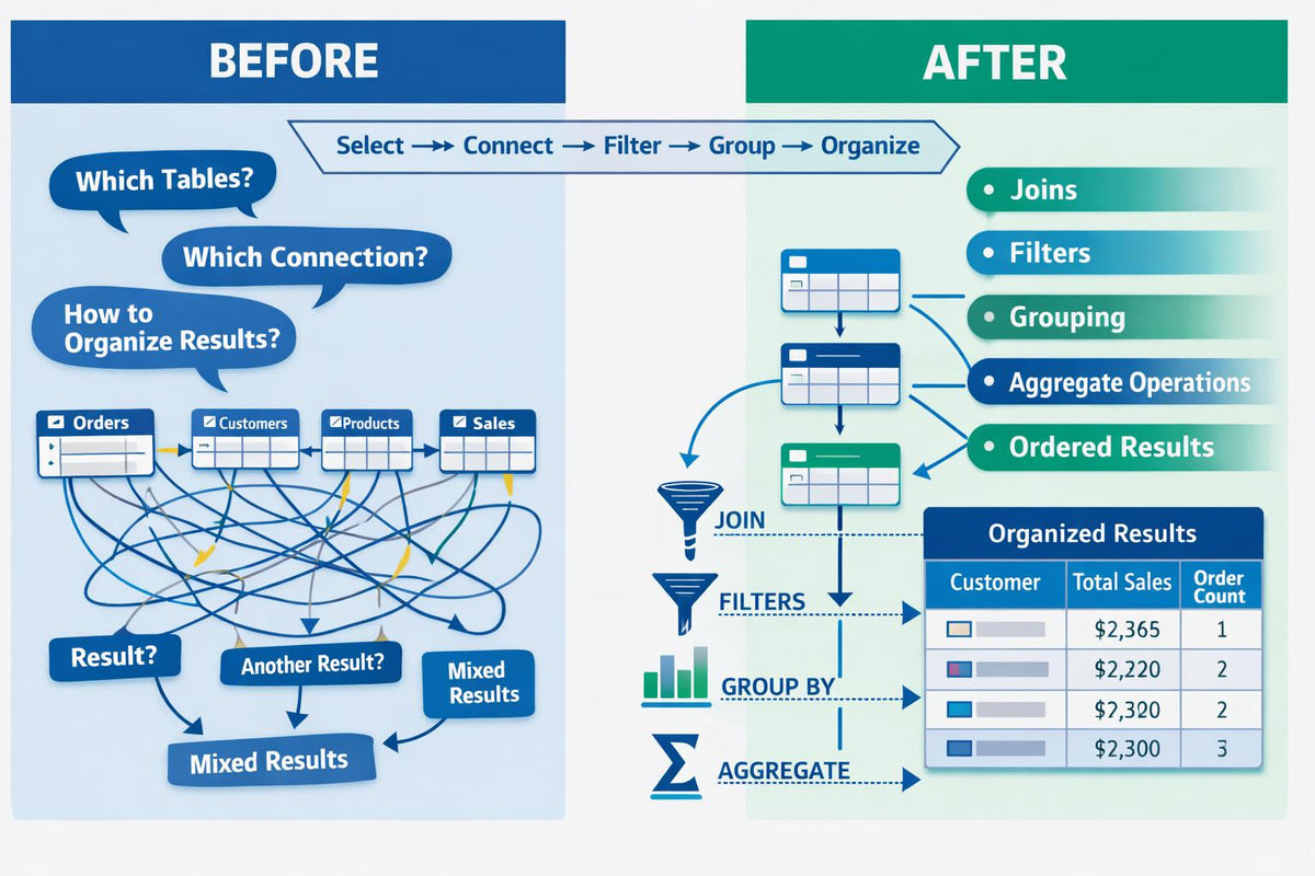 A digital infographic comparing a 'Before' SQL query approach with an 'After' SQL query approach, illustrating how to organize results using joins, filters, grouping, and aggregate operations.