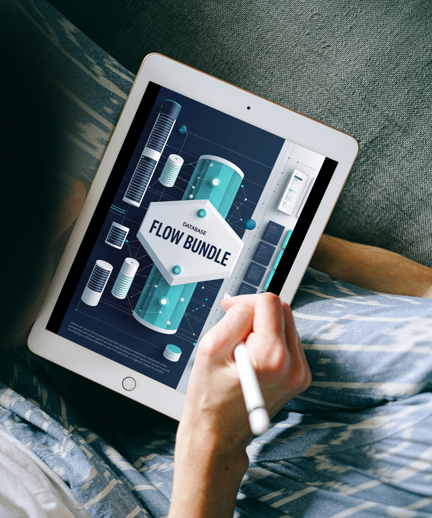 A person lying on a couch uses a white tablet with a stylus, showing a digital graphic design template or course cover titled 'FLOW BUNDLE' on the screen.