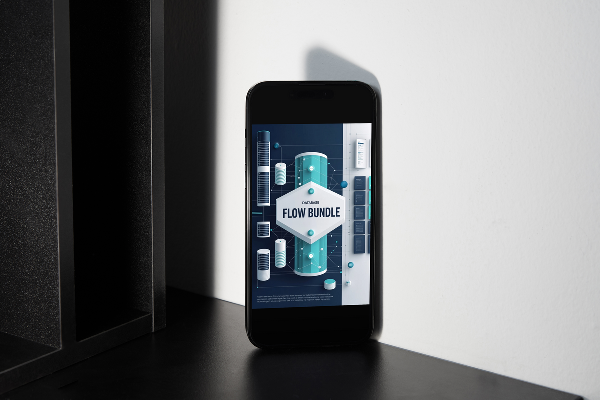 A black smartphone stands upright on a dark surface against a white wall, displaying a digital graphic with the text 'FLOW BUNDLE' and teal cylindrical design elements on the screen.