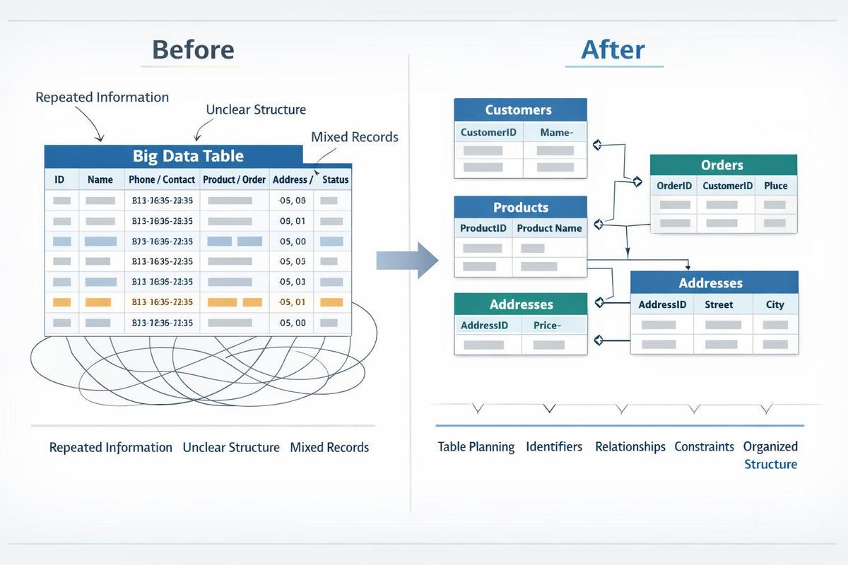 A digital diagram comparing a messy 'Before' database state with an organized 'After' database structure. The left side shows a large, unorganized 'Big Data Table' with messy data rows, tangled lines, and labels like 'Repeated Information', 'Unclear Structure', and 'Mixed Records'.