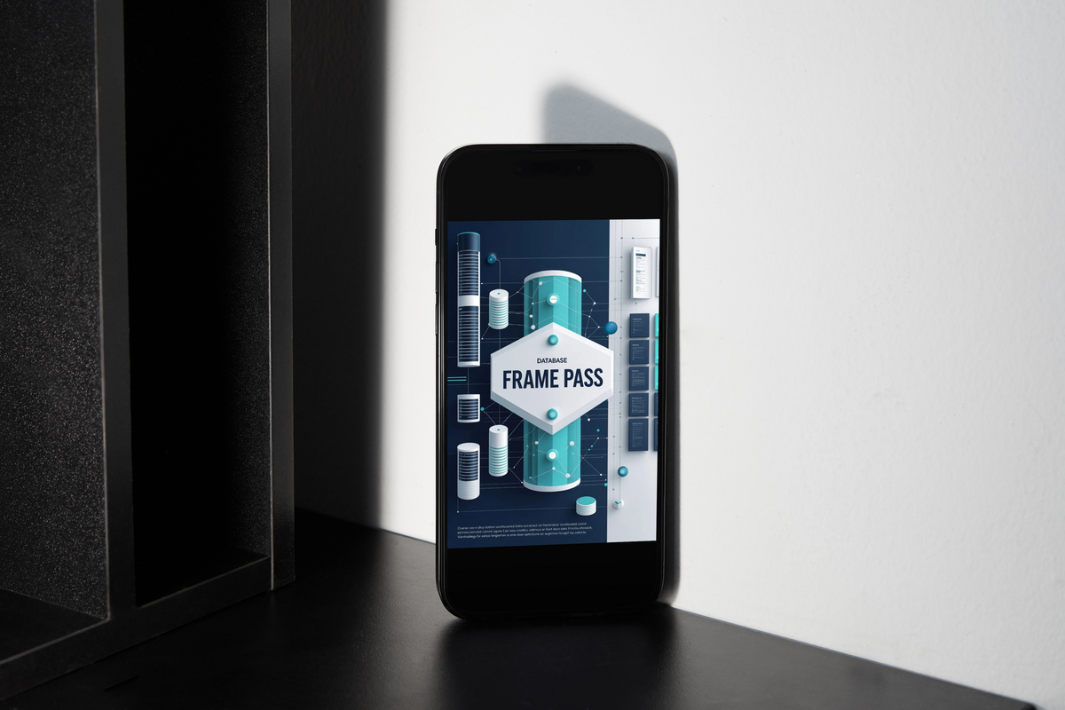 A black smartphone standing upright on a dark surface against a white wall, displaying a blue and white 'FRAME PASS' graphic on its screen.