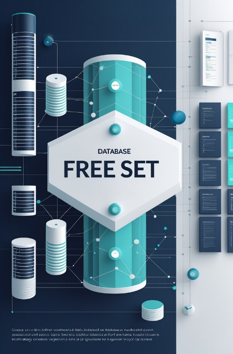 A digital promotional graphic for a 'DATABASE FREE SET' featuring stylized 3D server racks, database cylinders, and network connection lines on a dark navy and light gray background.