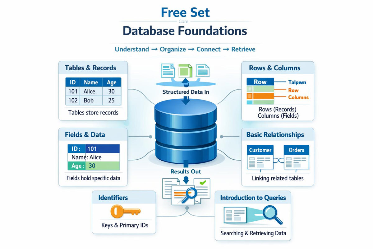 An educational infographic titled 'Free Set Database Foundations' explaining database concepts like tables, rows, columns, fields, and relationships with diagrammatic illustrations and tables on a white background.