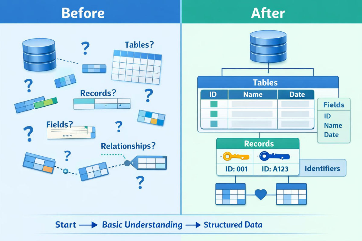 An educational infographic comparing 'Before' and 'After' database concepts, showing loose table and record diagrams on the left and a structured database schema with tables, fields, and records on the right.