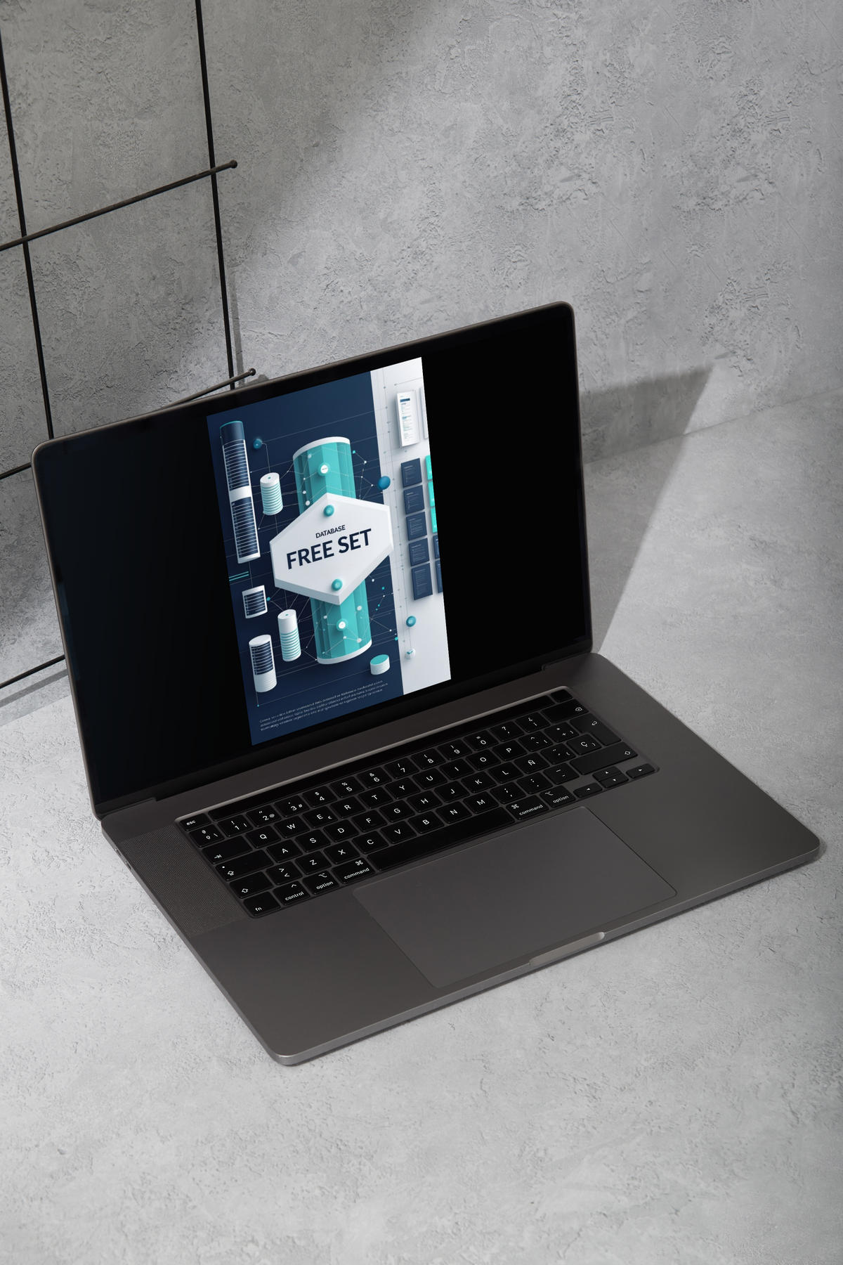 A dark gray laptop is open on a light gray textured surface, angled diagonally. The screen displays a digital mockup advertisement for a cosmetic free set with teal and white packaging.