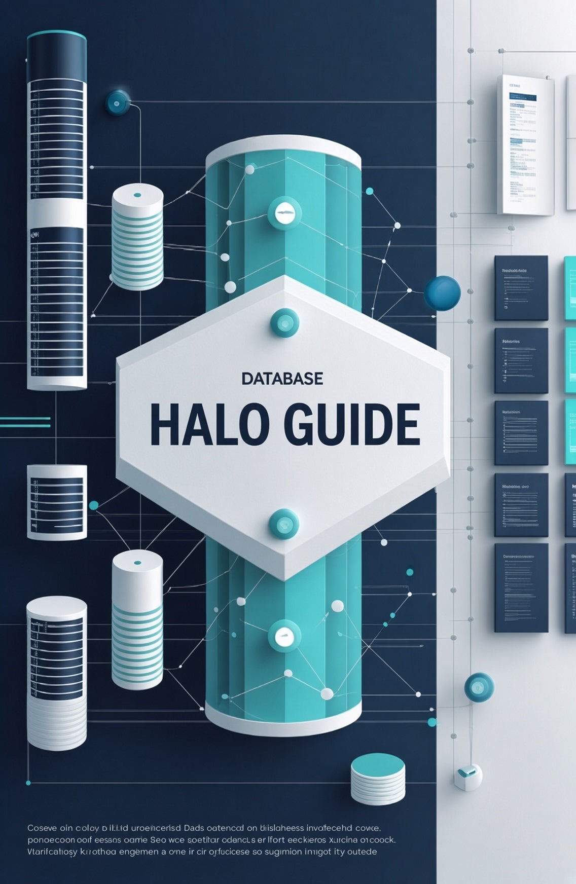 A digital cover for a 'DATABASE HALO GUIDE' featuring a central white hexagonal badge with dark blue text, surrounded by stylized teal and white database cylinders, floating spheres, and a dark blue network diagram background.