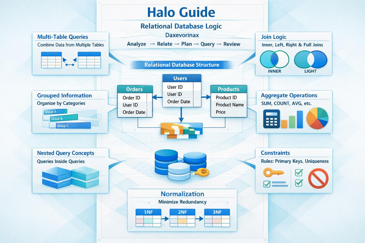 An educational infographic titled 'Halo Guide' explaining relational database logic, featuring diagrams for multi-table queries, joins, aggregations, normalization, and constraints on a light blue and white background.