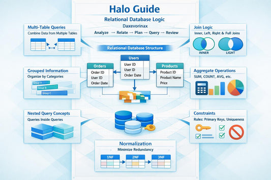 An educational infographic titled 'Halo Guide' explaining relational database logic, featuring diagrams for multi-table queries, joins, aggregations, normalization, and constraints on a light blue and white background.