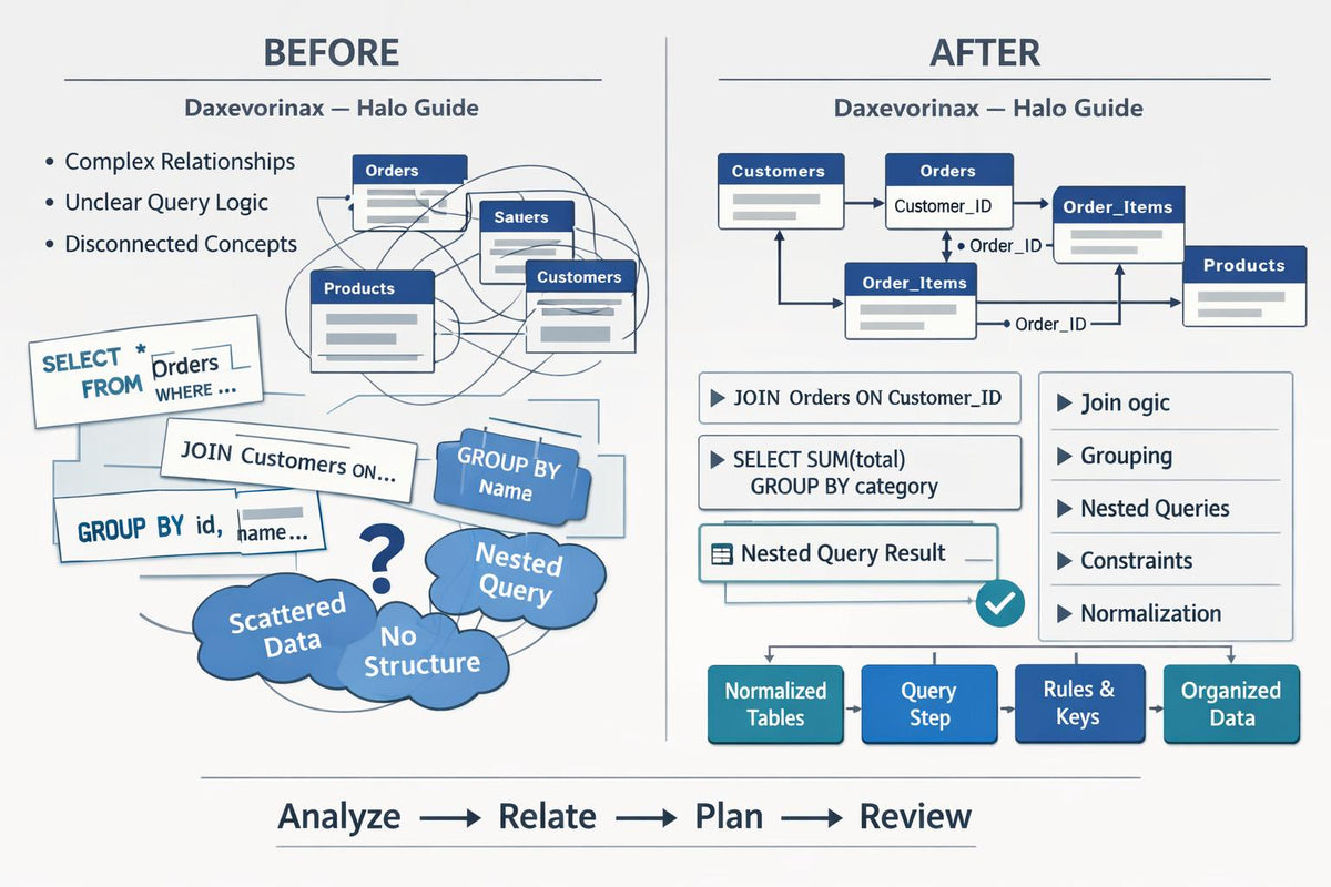 A before-and-after database query optimization infographic on a white background. The left 'BEFORE' side shows a tangled query diagram with labeled tables like Orders, Customers, and Products, plus a question mark and 'No Structure' cloud.