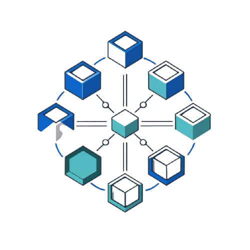 A digital vector illustration of a central teal cube connected to eight surrounding blue and teal 3D block icons arranged in a circular pattern on a solid white background.