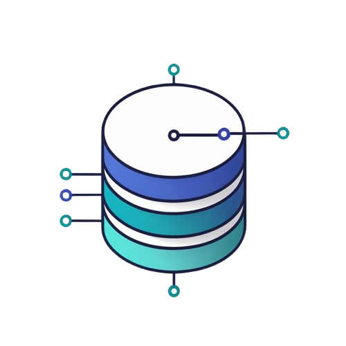 A stylized vector illustration of a multi-layered database cylinder with blue, teal, and white stripes, connected to small circular nodes on a plain white background.