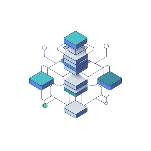 An isometric digital illustration of a stacked server rack or network architecture diagram, featuring shades of blue, teal, and white on a solid white background.