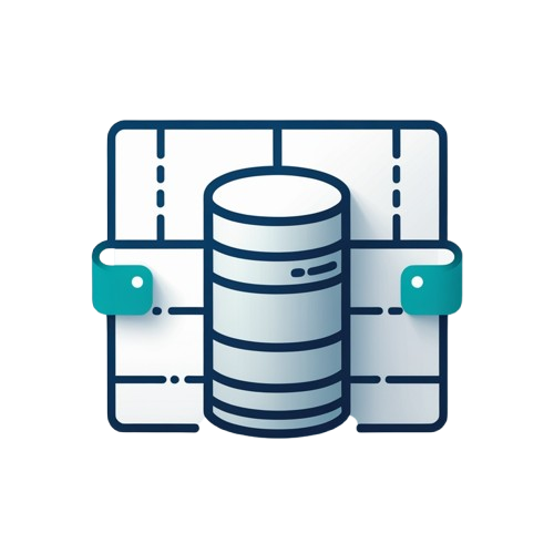 A minimalist vector icon depicting a server database cylinder flanked by two teal lock keys on a white background with a soft drop shadow.