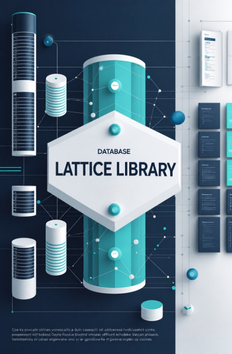 A digital graphic design template featuring a central white hexagonal badge with the text 'DATABASE LATTICE LIBRARY' in dark blue, surrounded by stylized 3D cylinders, nodes, and network diagrams in teal, white, and dark blue.