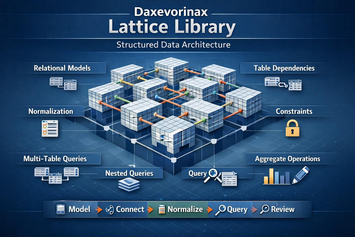 An infographic titled 'Daxvorinax Lattice Library' showing a 3D isometric model of interconnected database nodes with labeled concepts such as relational models, normalization, constraints, multi-table queries, nested queries, aggregate operations, and table dependencies on a dark blue background.