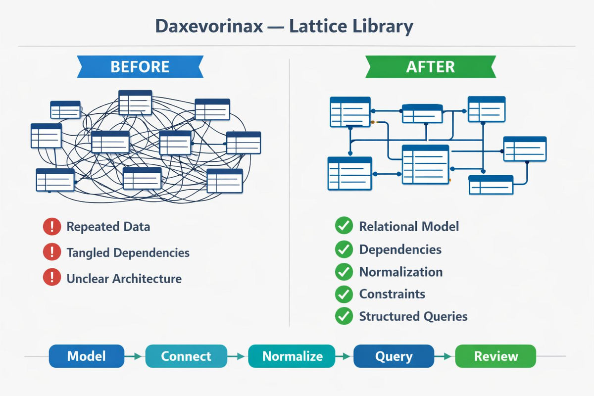 An infographic titled 'Daxvorinax Lattice Library' showing a 3D isometric model of interconnected database nodes with labeled concepts such as relational models, normalization, constraints, multi-table queries, nested queries, aggregate operations, and table dependencies on a dark blue background.