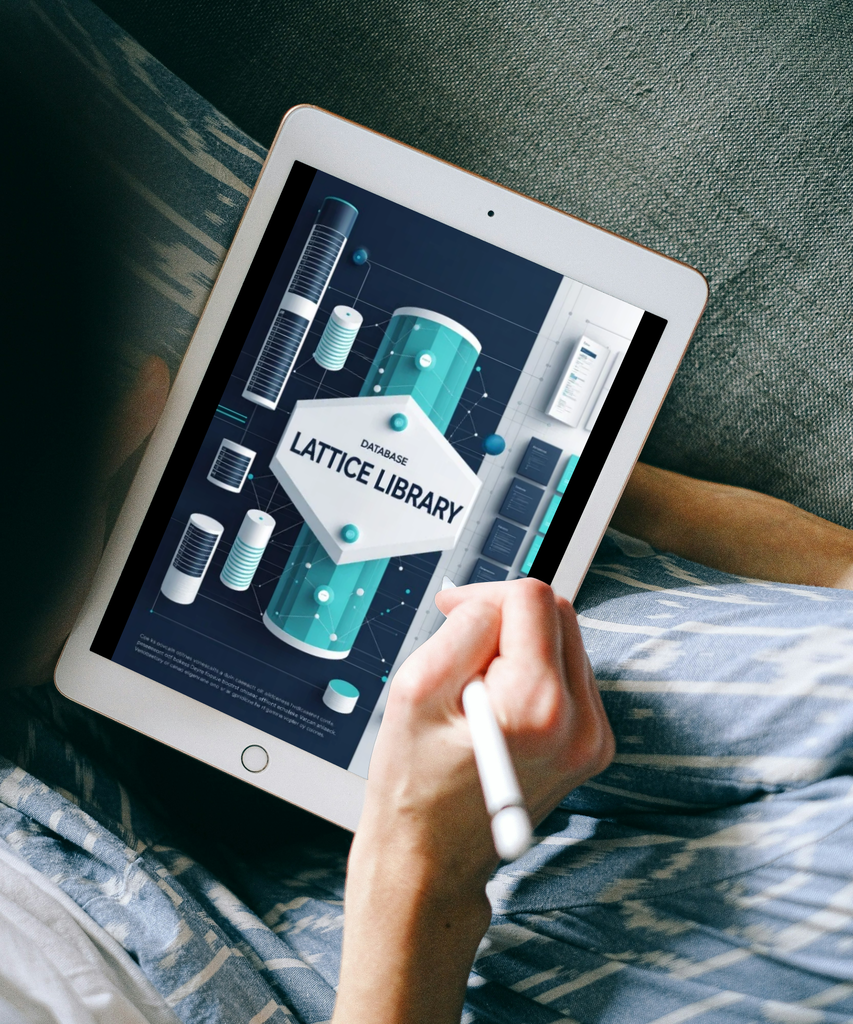 A person holding a white stylus over a tablet screen displaying a digital design template titled 'LATTICE LIBRARY'. The person is lying on a couch, with blue and white patterned bedding visible in the foreground and a gray-green couch cushion in the background.