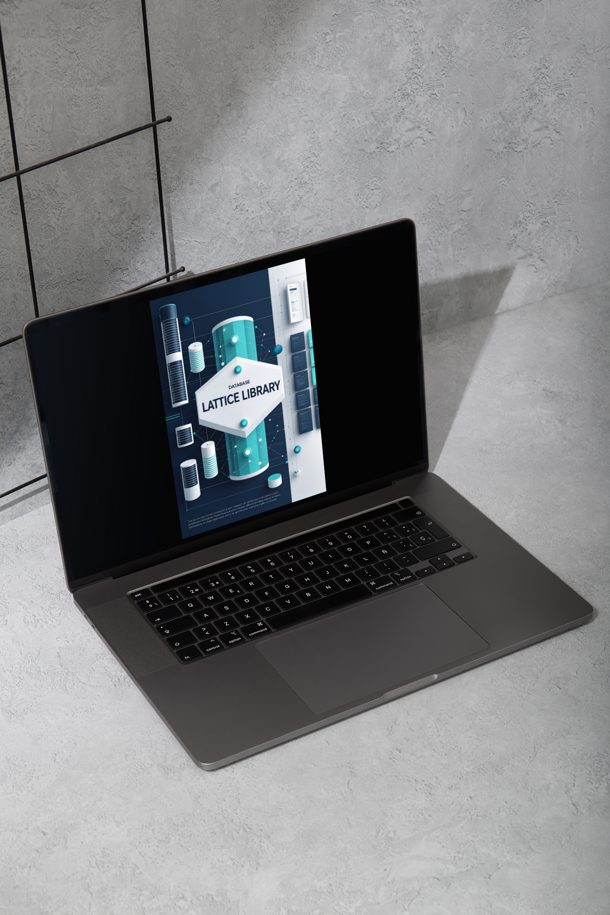 A dark gray laptop is open on a light gray textured surface, angled to show its screen and keyboard. The screen displays a digital graphic with the text 'LATTICE LIBRARY'.