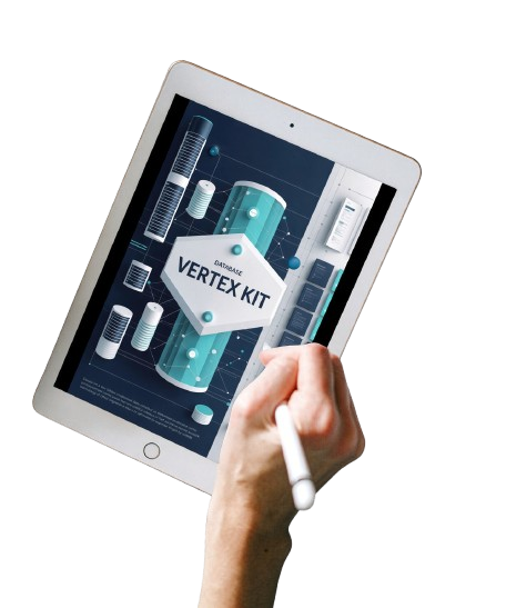 A hand holding a white stylus points at a tablet screen displaying a 3D software asset pack titled 'DATABASE VERTEX KIT' on a solid white background.