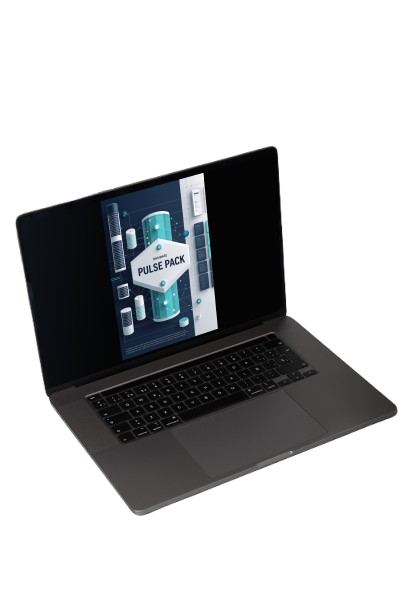 A hand holding a white stylus points at a tablet screen displaying a 3D software asset pack titled 'DATABASE VERTEX KIT' on a solid white background.
