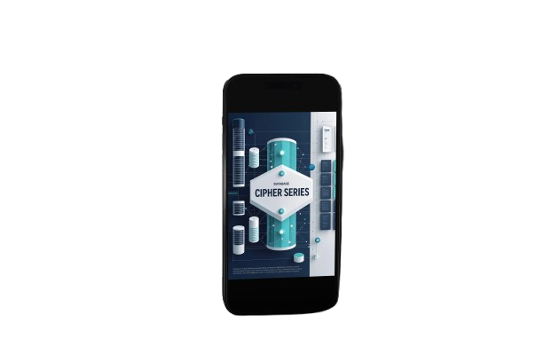 A black smartphone shown upright against a plain white background, with its screen on and displaying a blue and white graphic that reads 'CIPHER SERIES'.