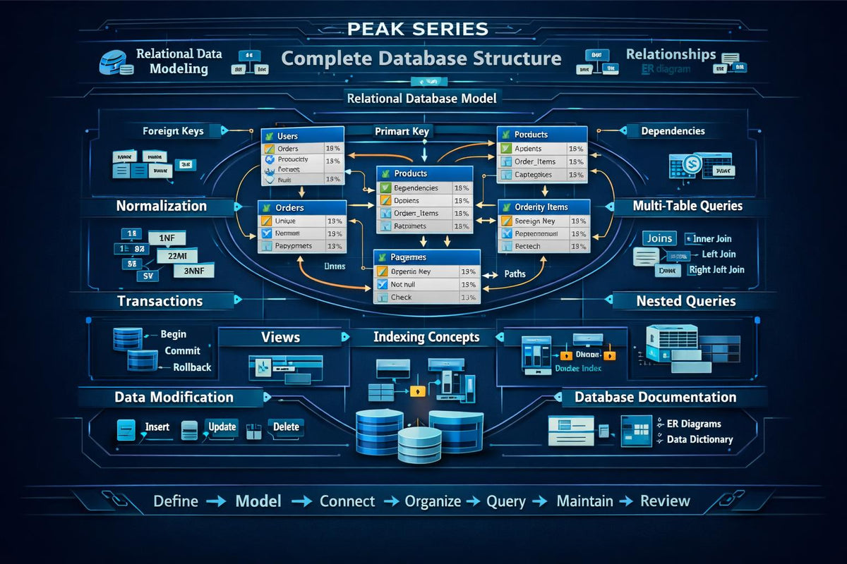 An infographic titled 'Daxvorinax Lattice Library' showing a 3D isometric model of interconnected database nodes with labeled concepts such as relational models, normalization, constraints, multi-table queries, nested queries, aggregate operations, and table dependencies on a dark blue background.