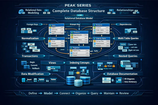 An infographic titled 'Daxvorinax Lattice Library' showing a 3D isometric model of interconnected database nodes with labeled concepts such as relational models, normalization, constraints, multi-table queries, nested queries, aggregate operations, and table dependencies on a dark blue background.