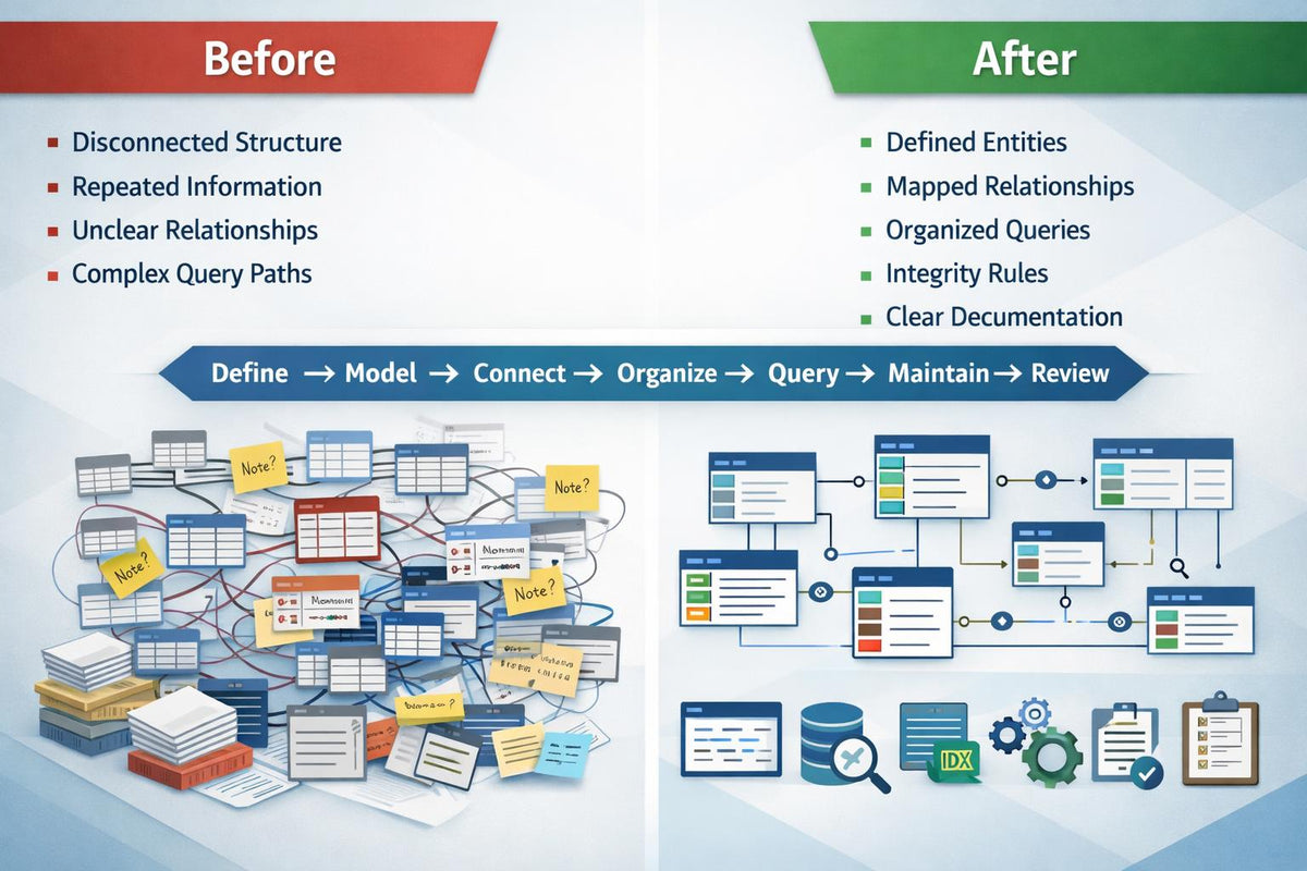 A before-and-after infographic comparing a disorganized database state with a structured, documented one. The left side, labeled 'Before' in red, shows a cluttered network of documents, tables, and sticky notes with bullet points about disconnected structure and unclear relationships.