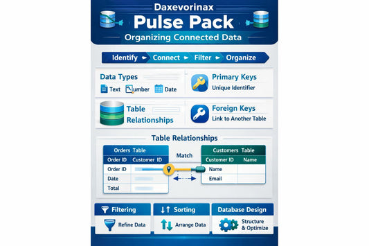 A digital infographic titled 'Daxvorinax Pulse Pack' explaining how to organize connected data, featuring sections for identifying, connecting, filtering, and organizing data types, keys, and relationships.