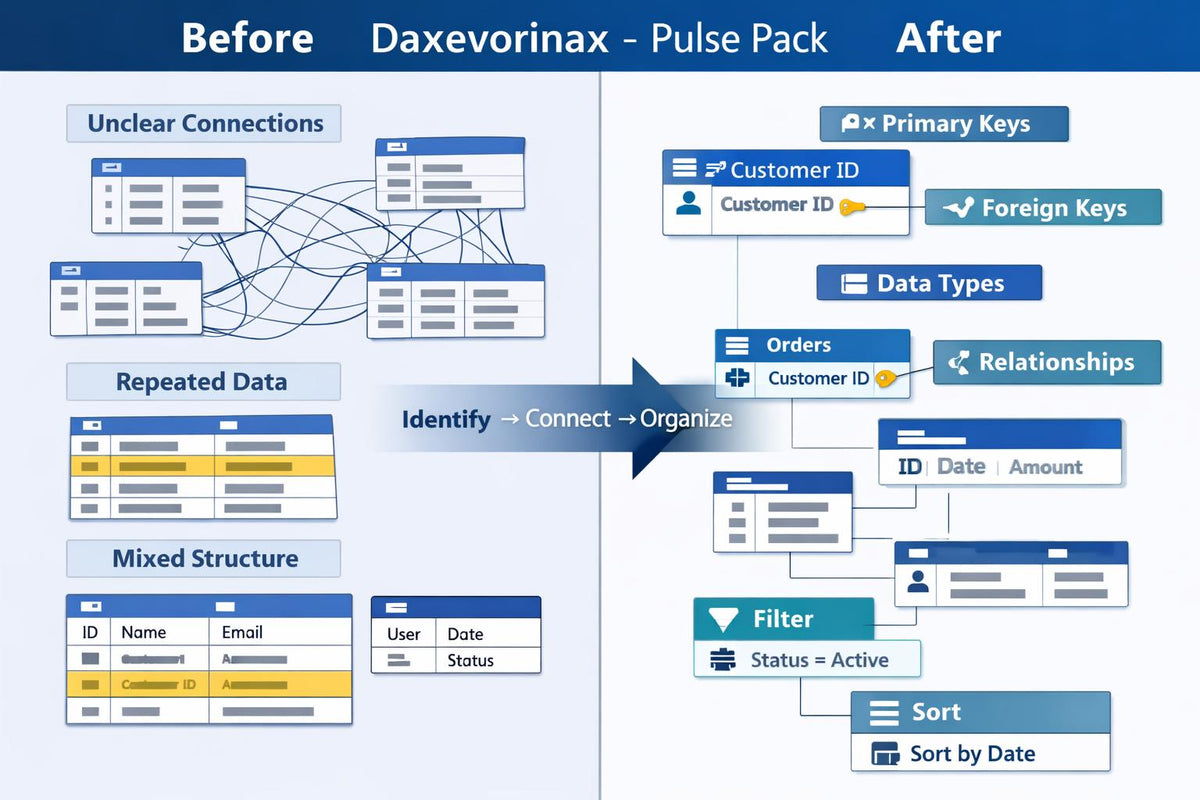 A digital infographic diagram titled 'Before Daxevorinaxin - Pulse Pack' and 'After', showing a comparison of database schema organization with various SQL table and relationship visual blocks on a blue gradient background.