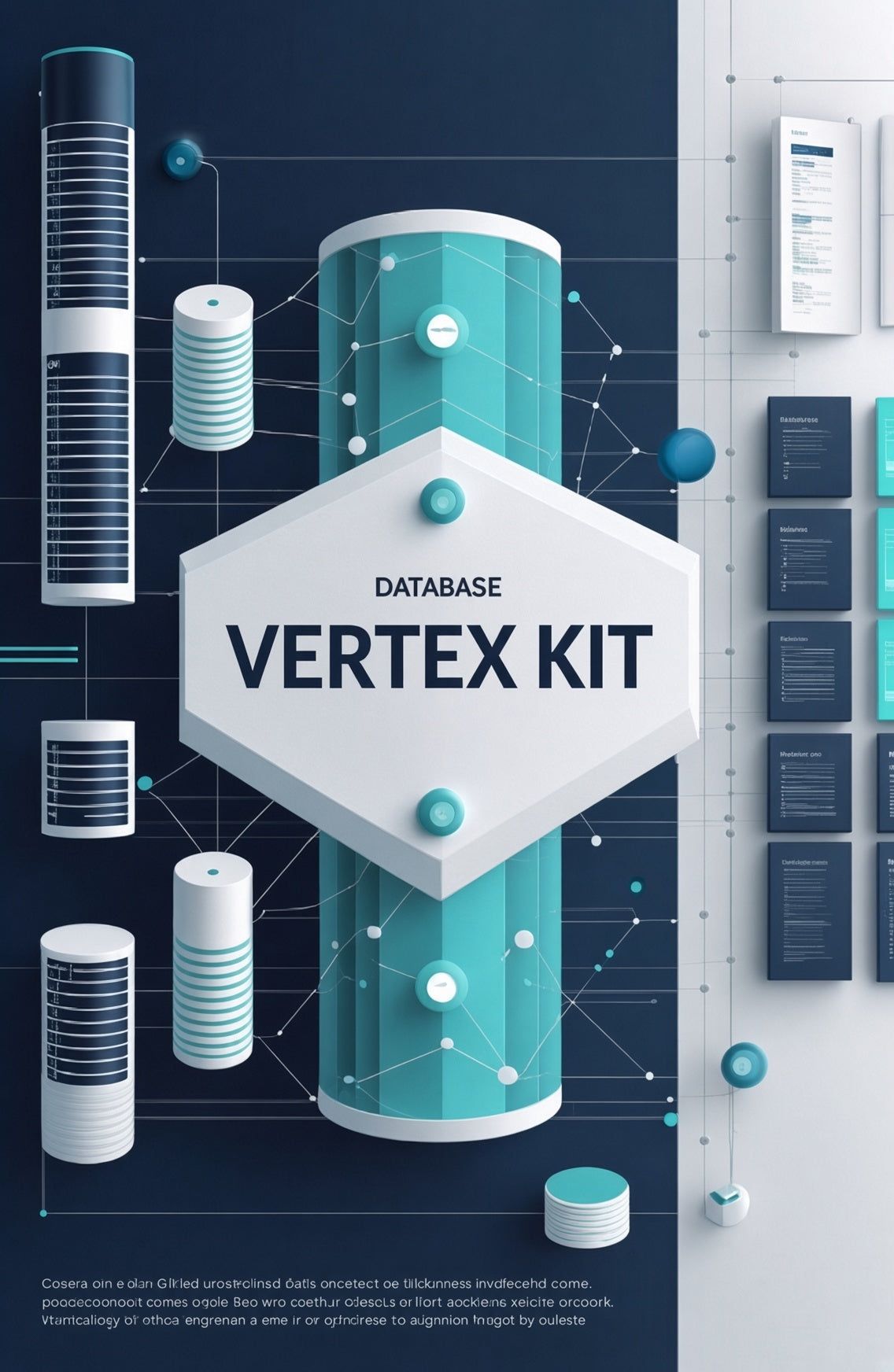 A digital promotional graphic for a 'Database Vertex Kit' featuring 3D isometric database cylinders, columns, and network diagram elements in teal, white, and dark blue on a dark navy background.