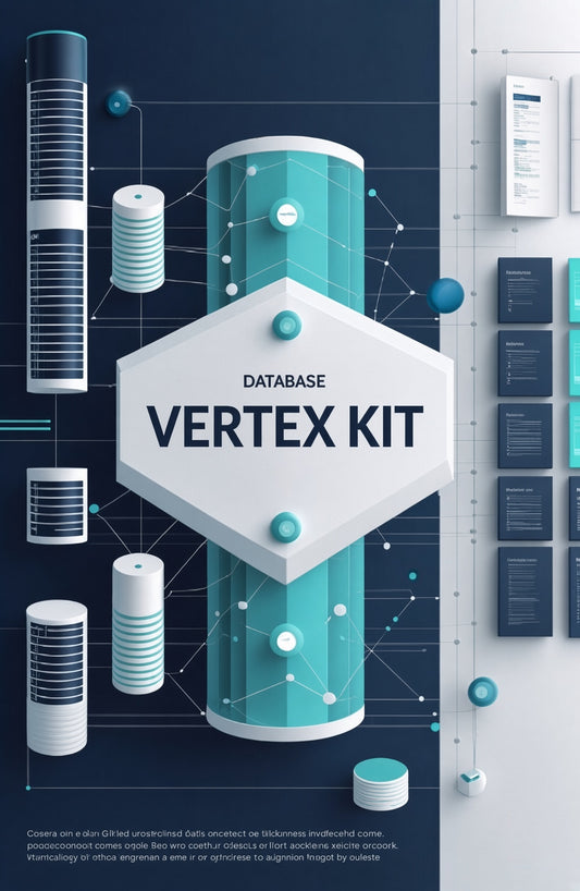 A digital promotional graphic for a 'Database Vertex Kit' featuring 3D isometric database cylinders, columns, and network diagram elements in teal, white, and dark blue on a dark navy background.