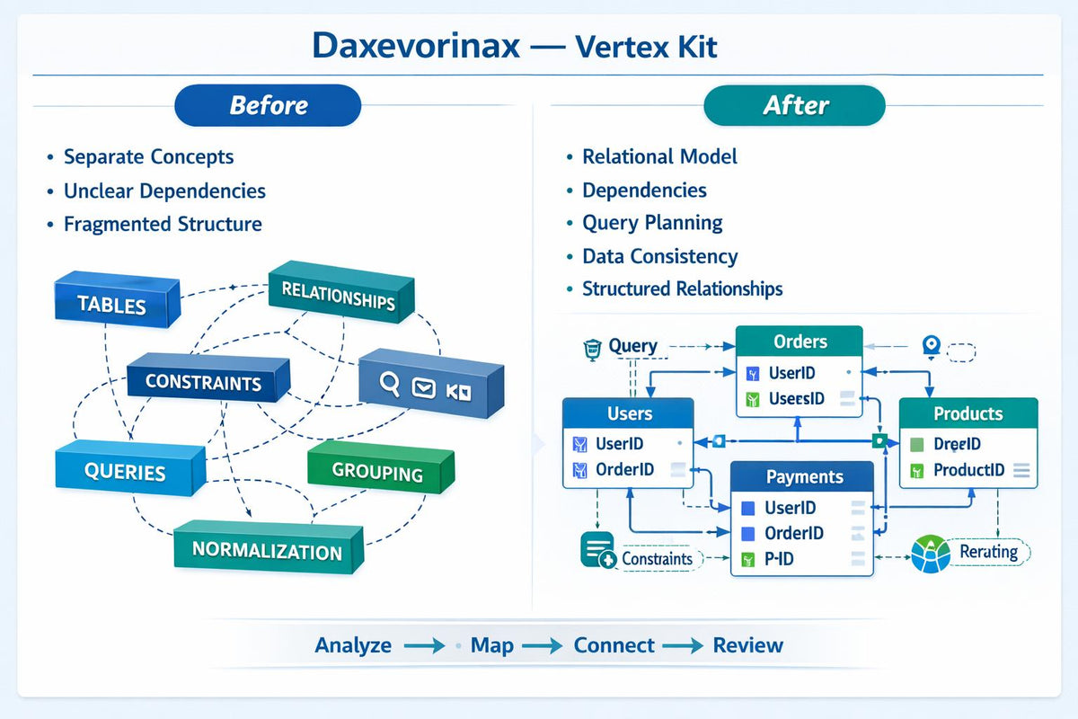 An infographic titled 'Daxevorinaxin — Vertex Kit' comparing a before/after database modeling approach. The left 'Before' side shows abstract blocks like tables, relationships, constraints, and queries.