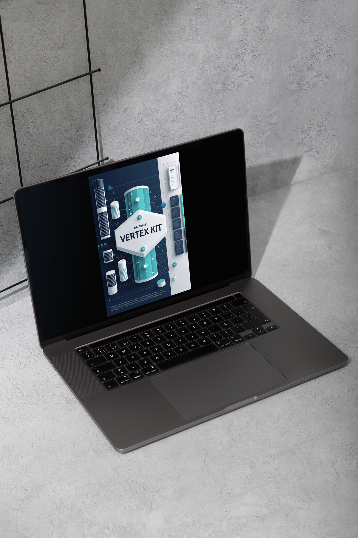 A dark gray laptop sits open on a light gray textured surface, displaying a mockup screen for a 'VERTEX KIT' product on its screen.