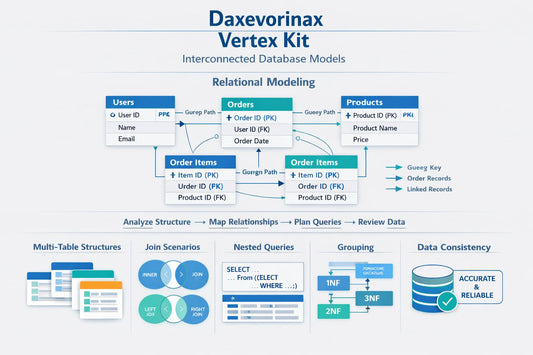 An infographic titled 'Daxvorinax Vertex Kit' explaining interconnected database models, featuring relational diagrams of Users, Products, and Orders, along with icons representing multi-table structures, joins, nested queries, grouping, and data consistency.